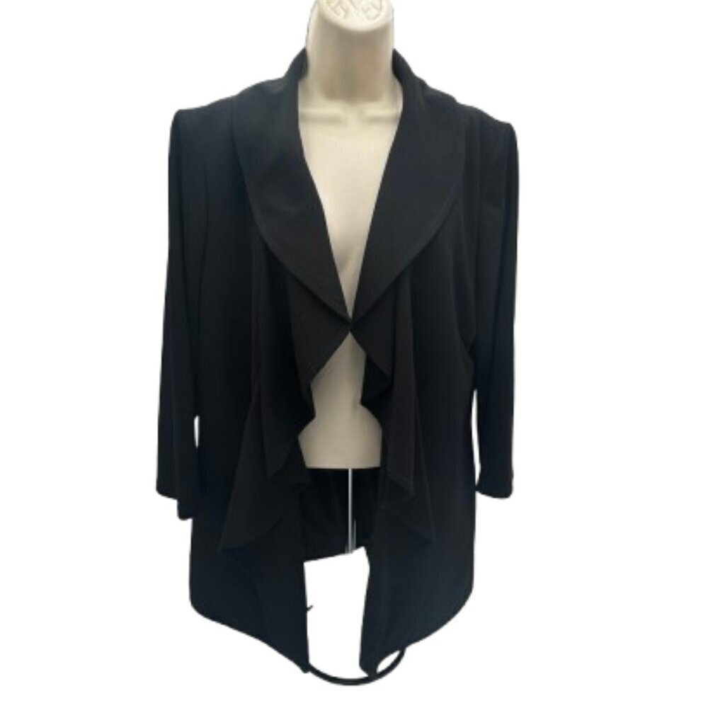 Calvin Klein Women's Sz14 Drape Open Front Mid Length Lined Ruffle Black Coat